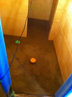 トイレ壁タイル完了 床のタイル下地中 丸い穴は、床の排水口とパイプが 詰まった時の掃除口